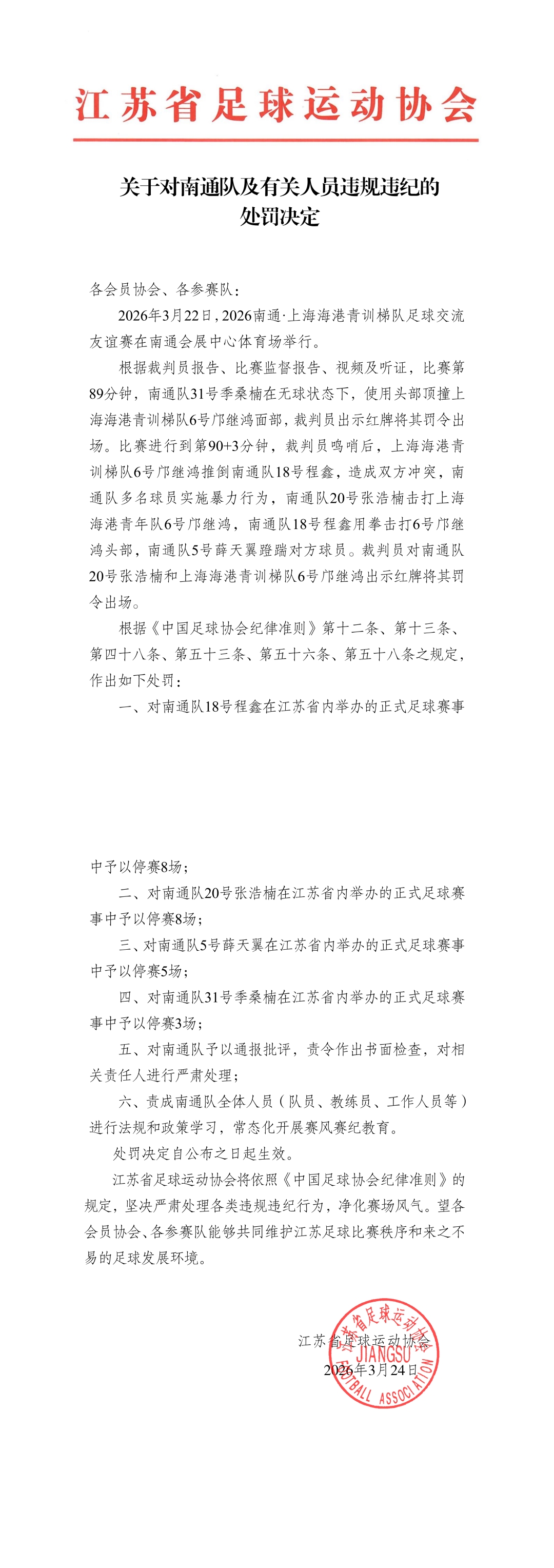 江苏足协重拳出击 南通队四人遭停赛 苏超卫冕前景蒙阴影 江苏足协重拳出击 南通队四人遭停赛 苏超卫冕前景蒙阴影