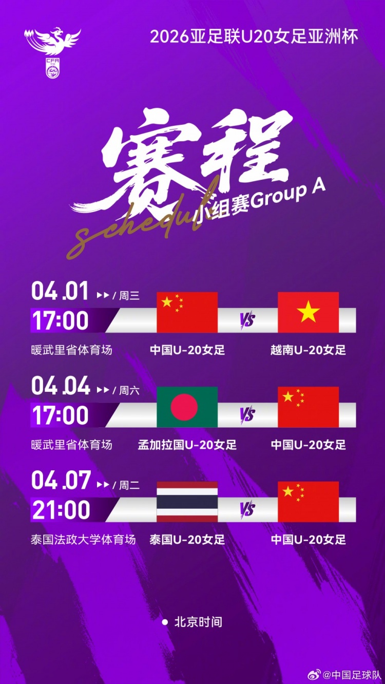 U20女足亚洲杯赛程敲定 中国队首战越南