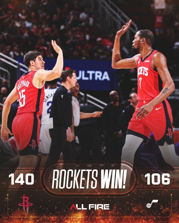 火箭34分狂胜爵士 杜兰特高效25+5+6谢泼德获官方海报认可
