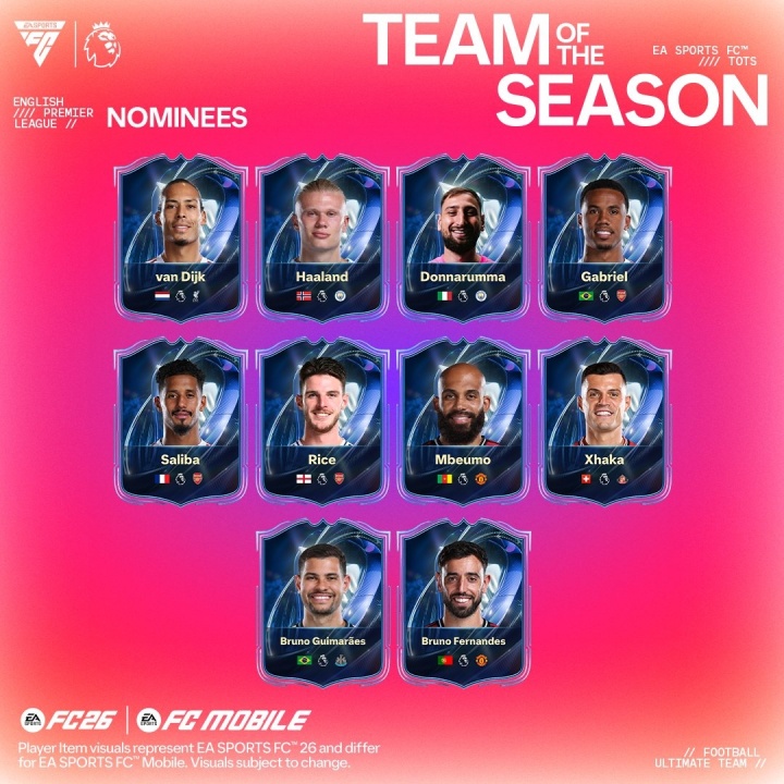 EA FC26英超赛季蓝候选公布 阿森纳六将入围领跑