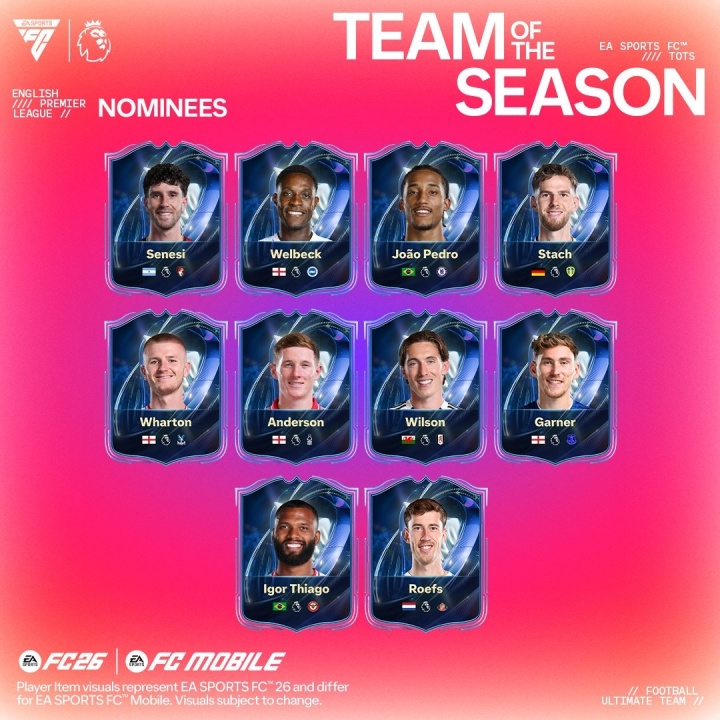 EA FC26英超赛季蓝候选公布 阿森纳六将入围领跑 EA FC26英超赛季蓝候选公布 阿森纳六将入围领跑