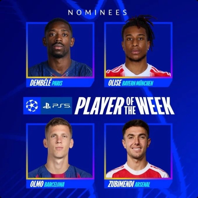 欧冠官方公布本轮最佳候选 登贝莱双响领衔