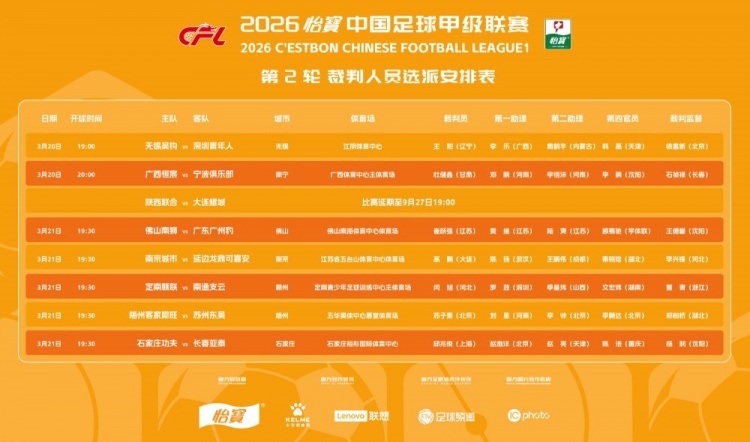 中甲次轮裁判名单公布 杜健鑫执法广西恒宸主场战宁波