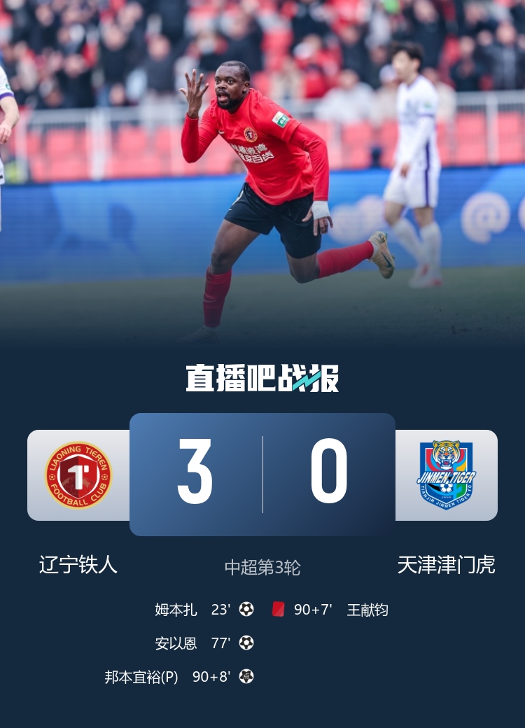 铁人主场三球完胜津门虎 姆本扎斩队史中超首球 铁人主场三球完胜津门虎 姆本扎斩队史中超首球